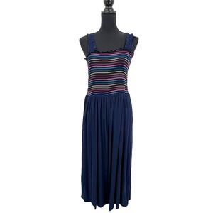 New Modcloth Navy Knit Multicolor‎ Smocked Rainbow Jumpsuite Large